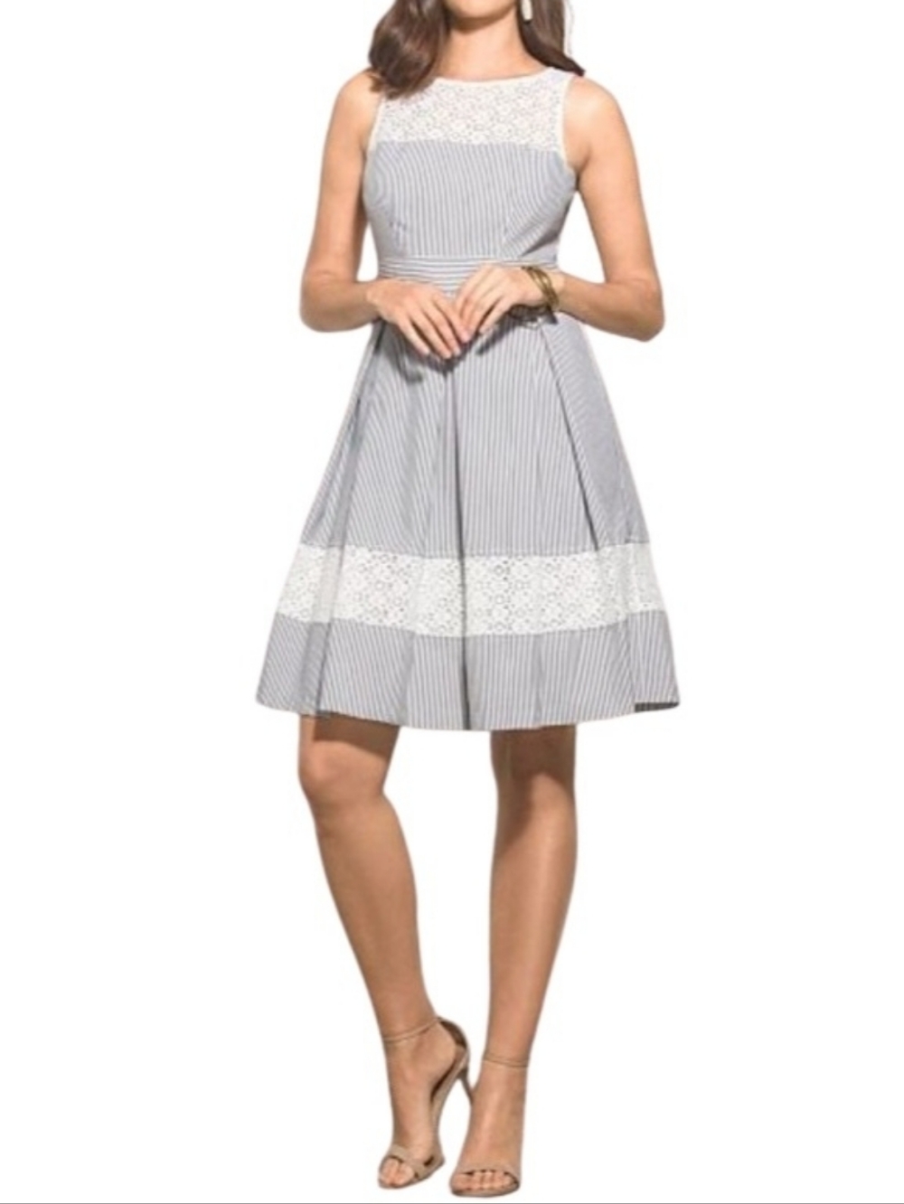 London Times Seersucker Pinstripe Dress  Fit & Flare Gray Ivory Lace Pleats
